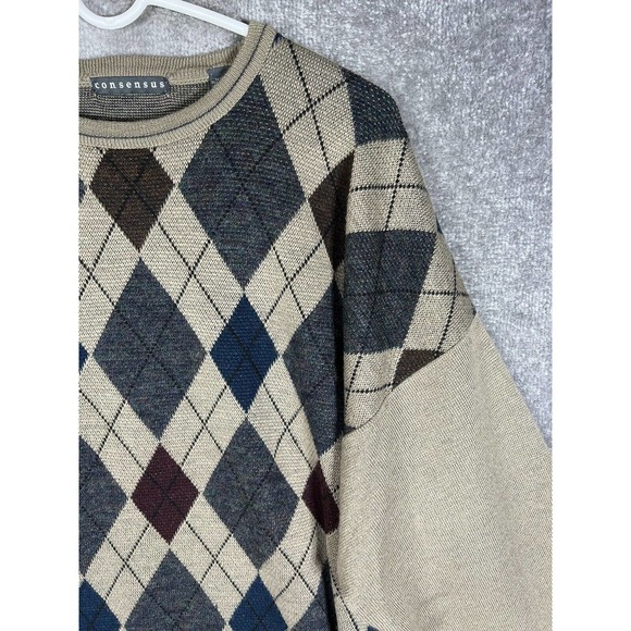 Consensus Merino Wool Blend Italy Argyle Knit Sweater Mens Size XL Tan Pullover - Picture 5 of 15